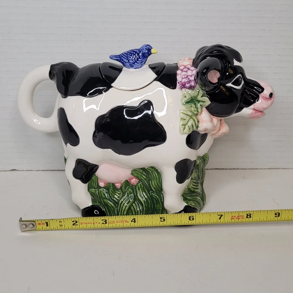 Black White Holstein Cow Teapot with Blue Bird on Back Vintage Wangs Intl Cerami